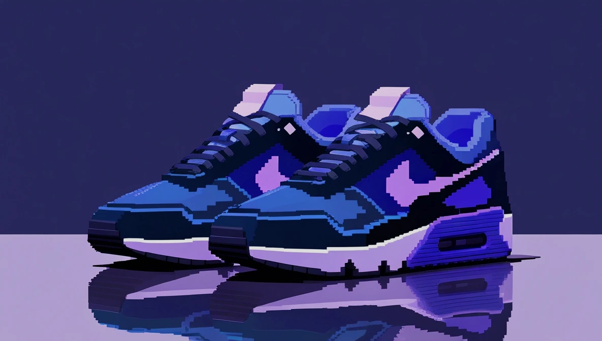 Illustration artistique pixel art 8-bit bleu foncé avec touches roses, inspirée du rétro et de la culture moderne